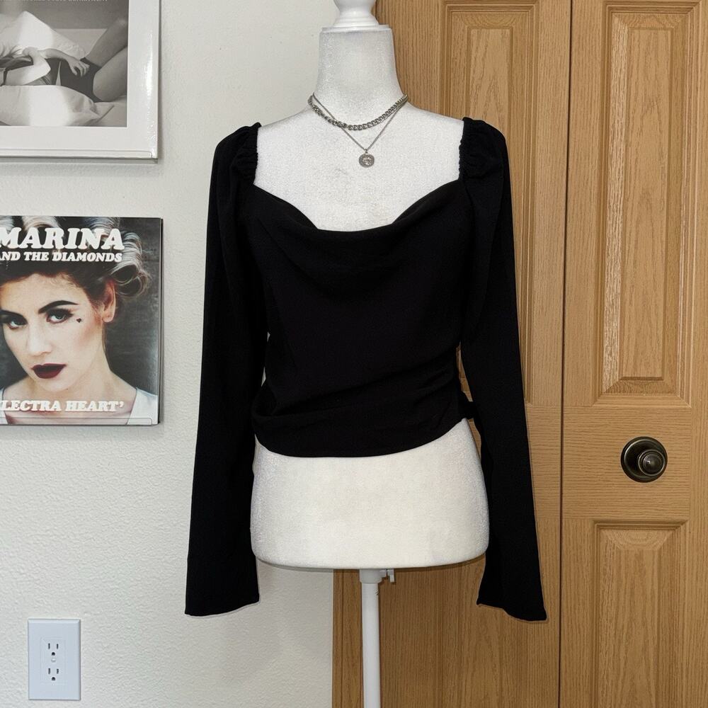 Open Edit Crop Top Women's Small Black Smocked Long Sleeve Casual Coquette
